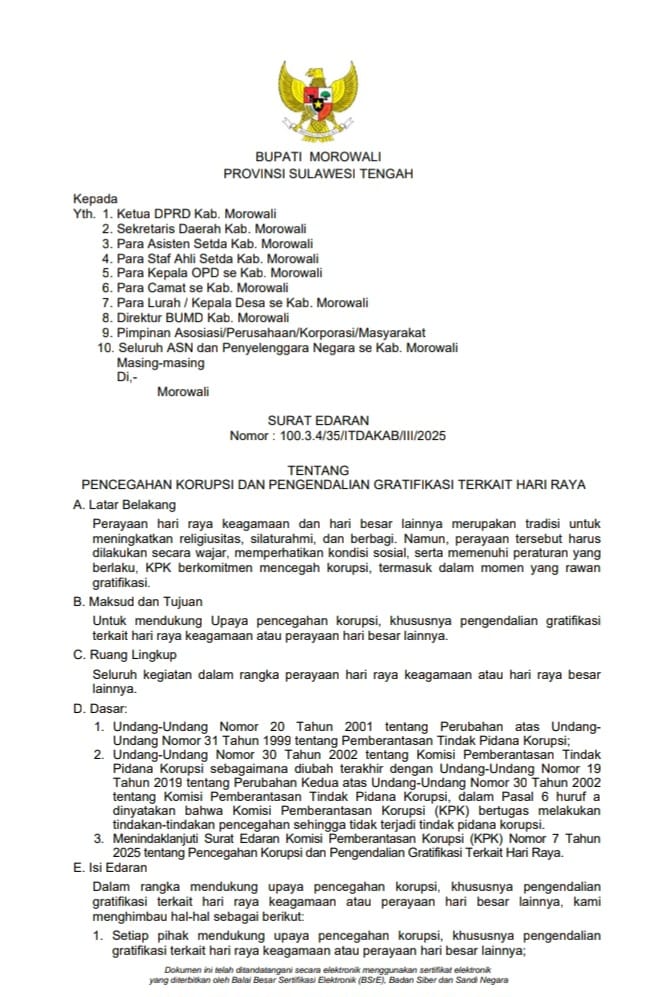 Cegah Korupsi dan Pengendalian Gratifikasi Terkait Hari Raya: Bupati Morowali Iksan Terbitkan Surat Edaran